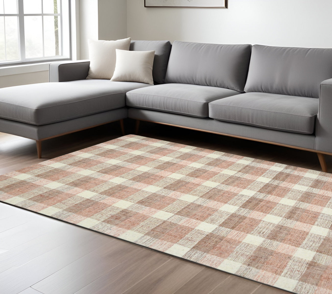 8 X 10 Pink And Ivory Wool Plaid Hand Tufted Area Rug