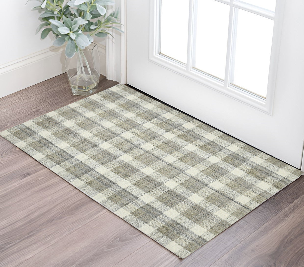 2 X 3 Gray And Ivory Wool Plaid Hand Tufted Area Rug