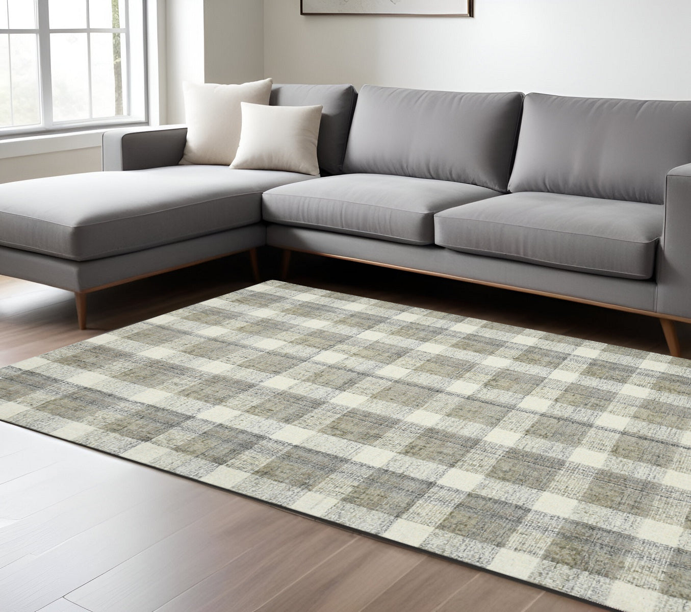9 X 13 Gray And Ivory Wool Plaid Hand Tufted Area Rug