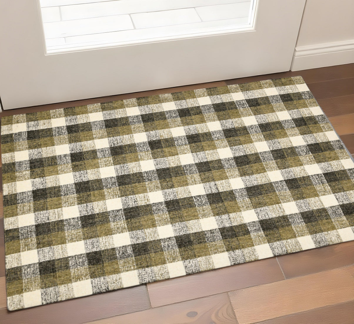 2 X 3 Charcoal Khaki And Ivory Wool Plaid Hand Tufted Area Rug
