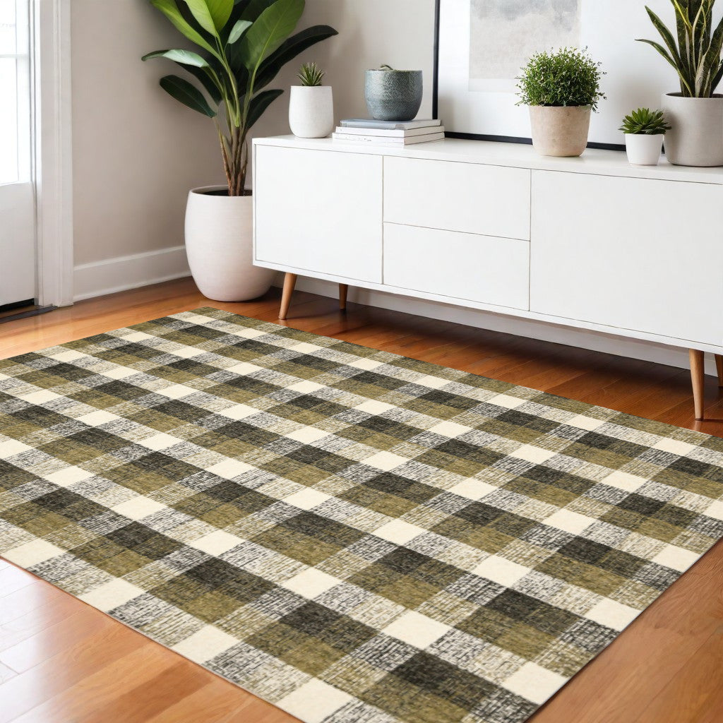4 X 6 Charcoal Khaki And Ivory Wool Plaid Hand Tufted Area Rug
