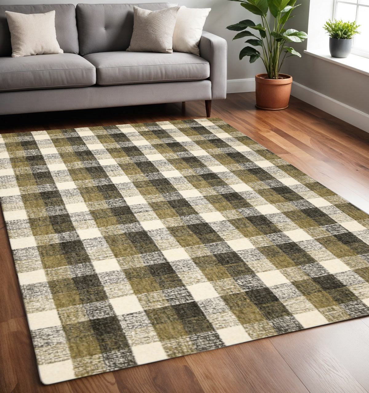5 X 7 Charcoal Khaki And Ivory Wool Plaid Hand Tufted Area Rug