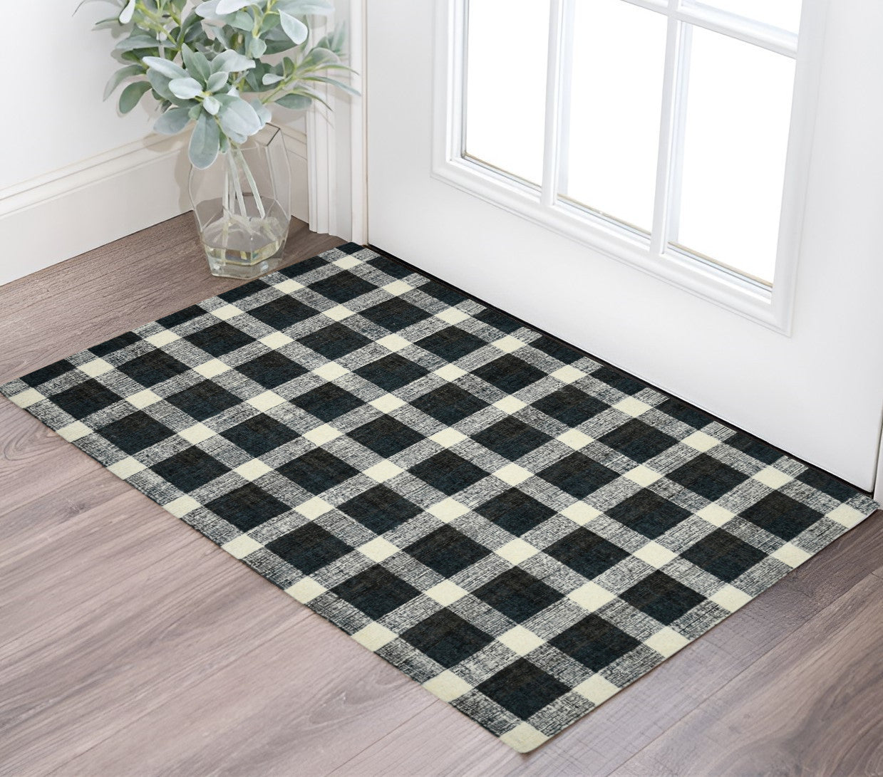 2 X 3 Charcoal And Ivory Wool Plaid Hand Tufted Area Rug