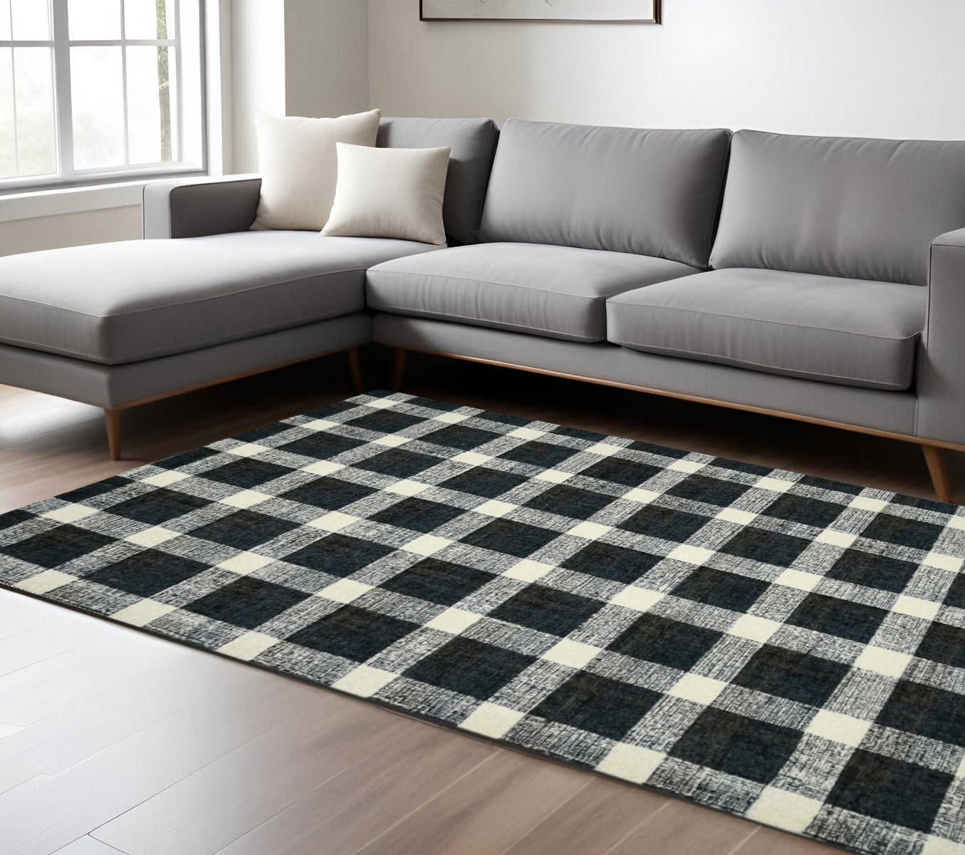 9 X 13 Charcoal And Ivory Wool Plaid Hand Tufted Area Rug