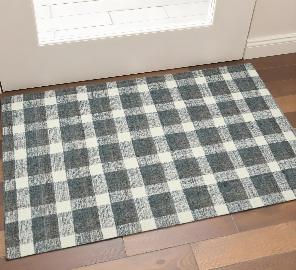2 X 3 Dark Gray And Ivory Wool Plaid Hand Tufted Area Rug