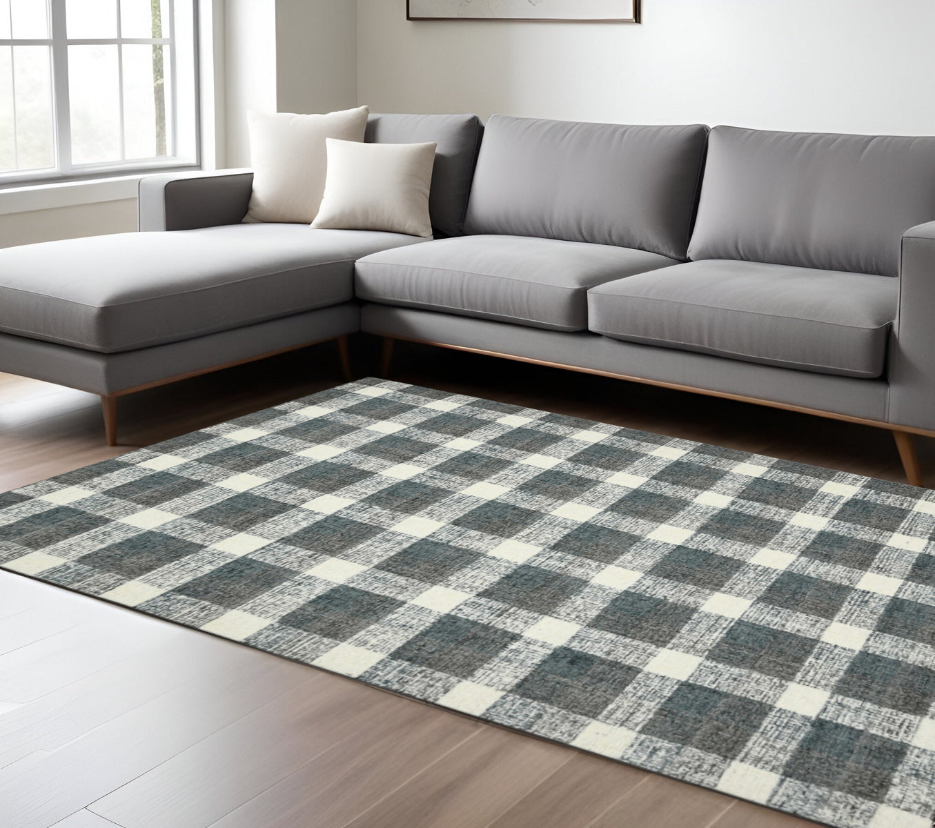 9 X 13 Dark Gray And Ivory Wool Plaid Hand Tufted Area Rug