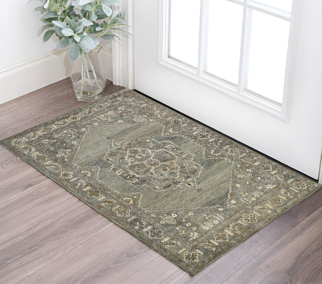 2 X 3 Ivory Brown And Gray Wool Oriental Hand Tufted Area Rug