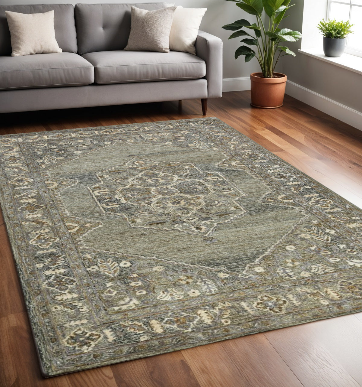 5 X 7 Ivory Brown And Gray Wool Oriental Hand Tufted Area Rug