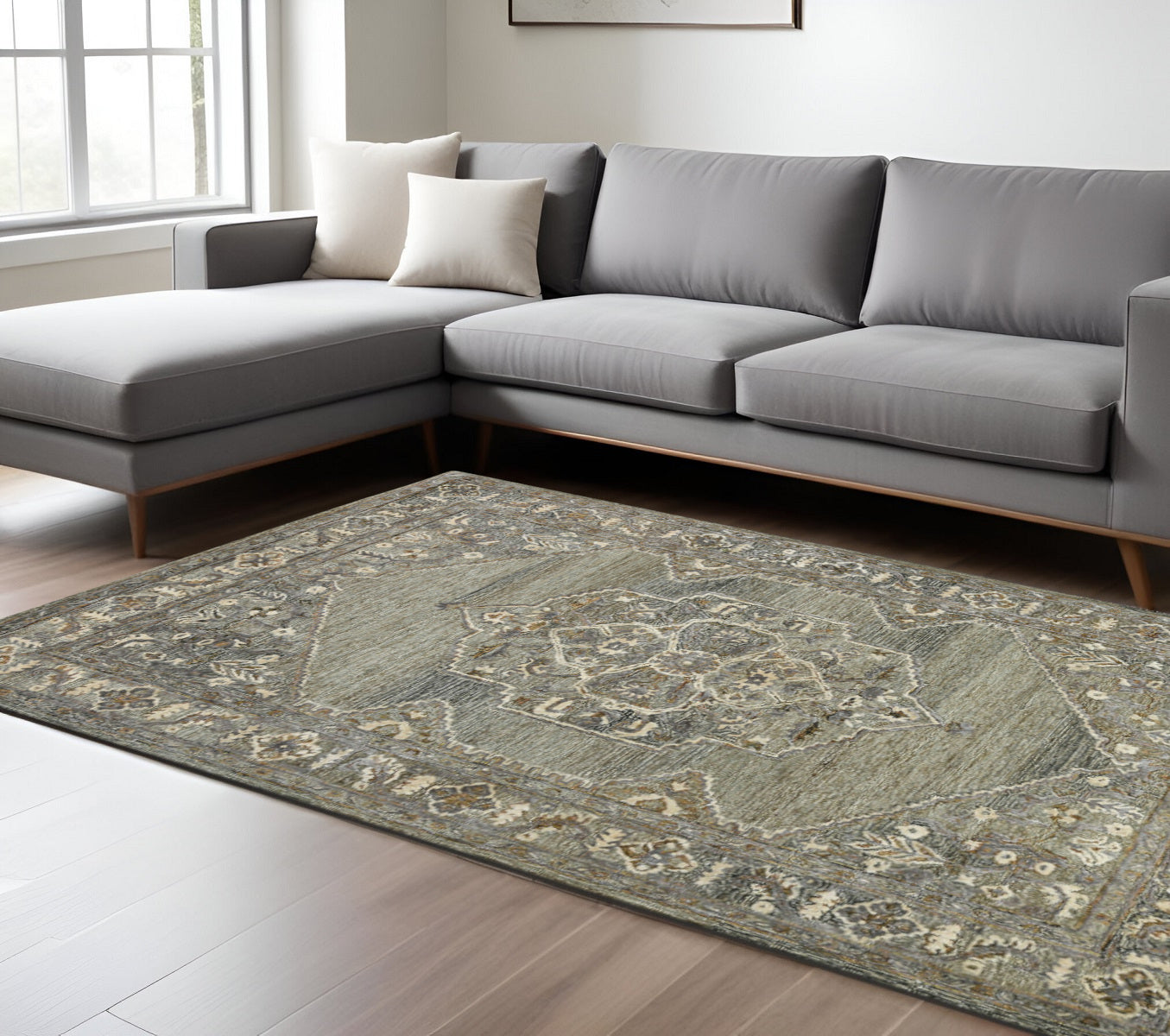 8 X 10 Ivory Brown And Gray Wool Oriental Hand Tufted Area Rug