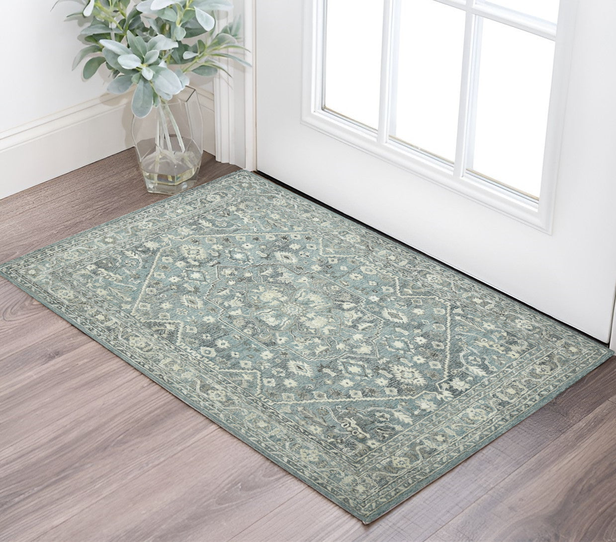 2 X 3 Sky Blue Gray And Ivory Wool Oriental Hand Tufted Area Rug
