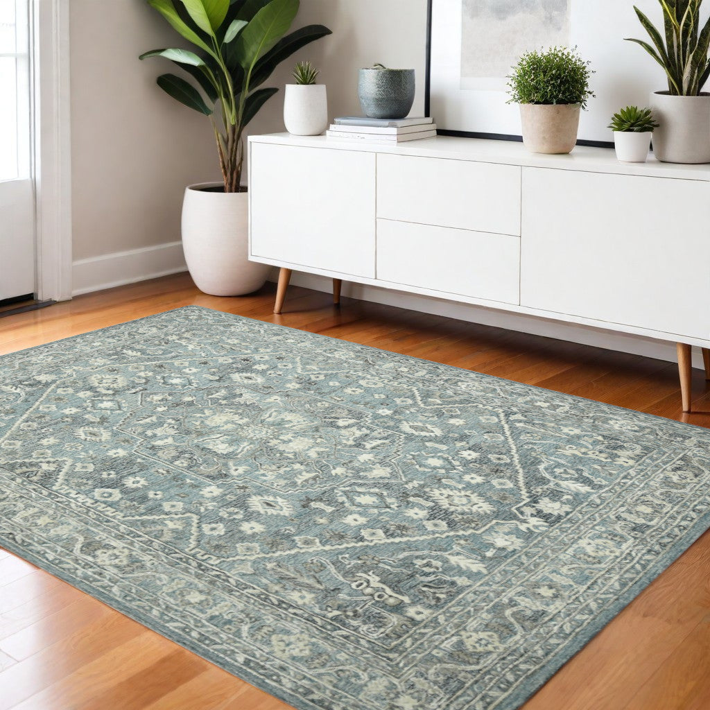 4 X 6 Sky Blue Gray And Ivory Wool Oriental Hand Tufted Area Rug