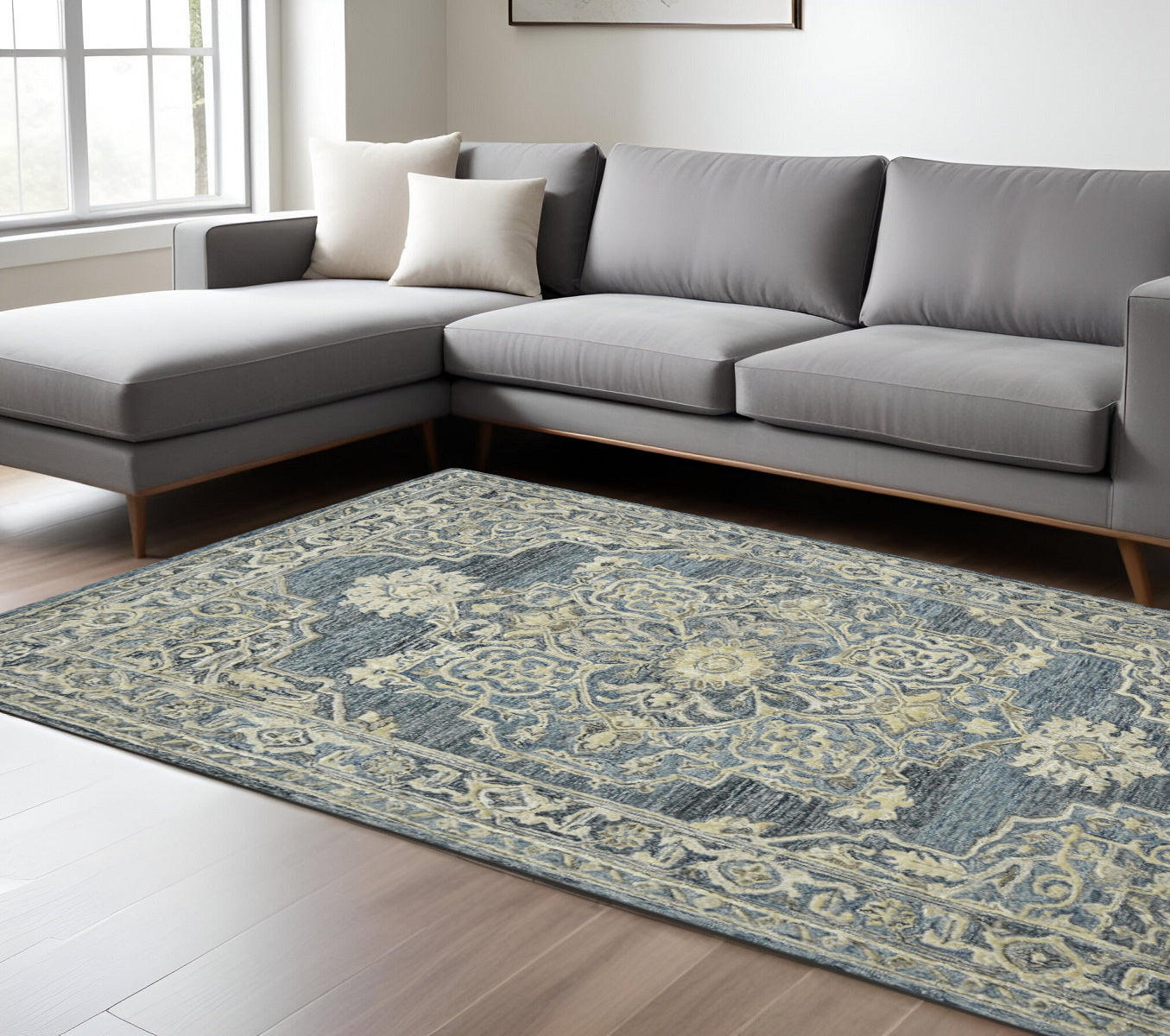 9 X 13 Denim Blue And Ivory Wool Oriental Hand Tufted Area Rug