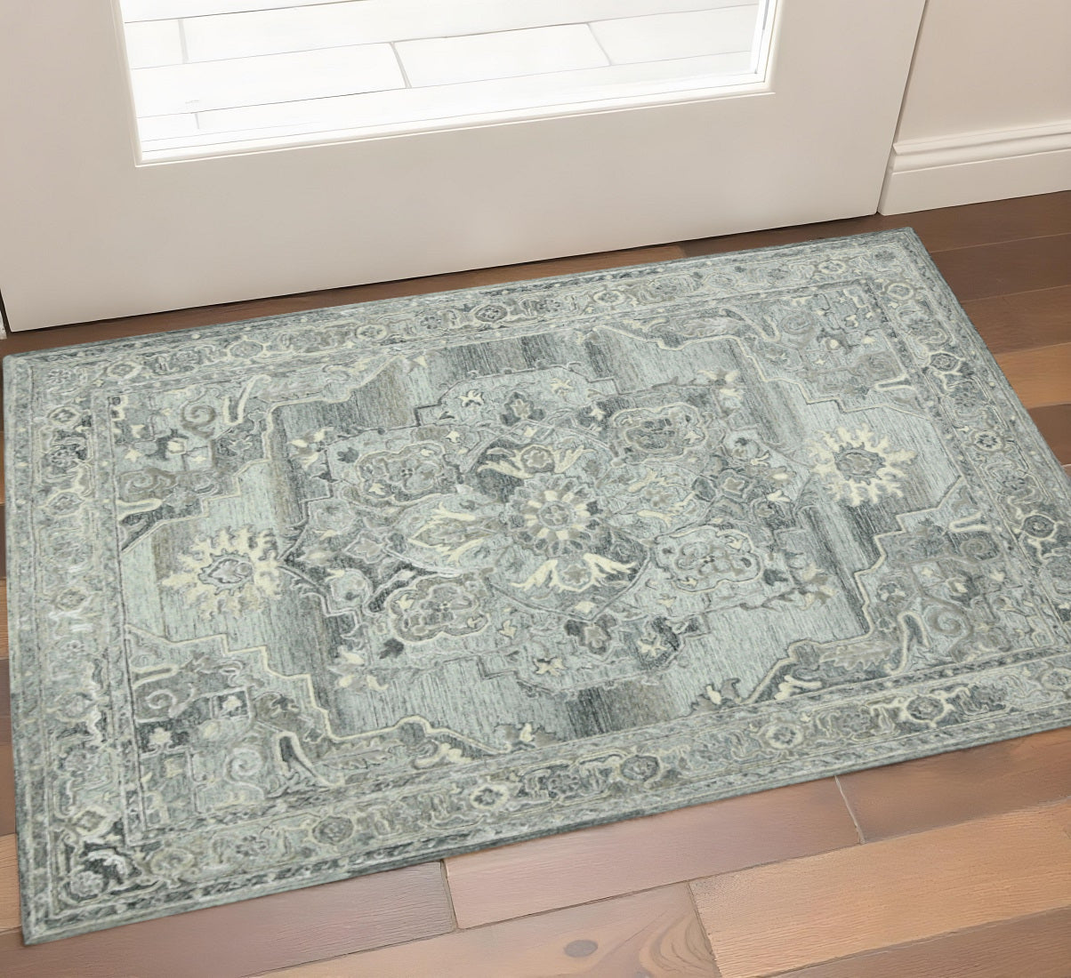 2 X 3 Gray Ivory And Light Blue Wool Oriental Hand Tufted Area Rug