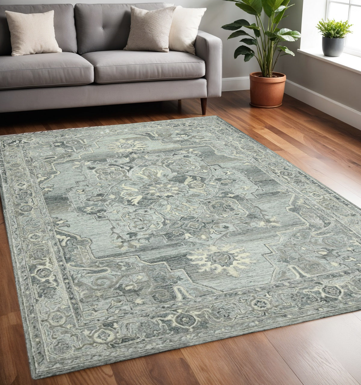 5 X 7 Gray Ivory And Light Blue Wool Oriental Hand Tufted Area Rug