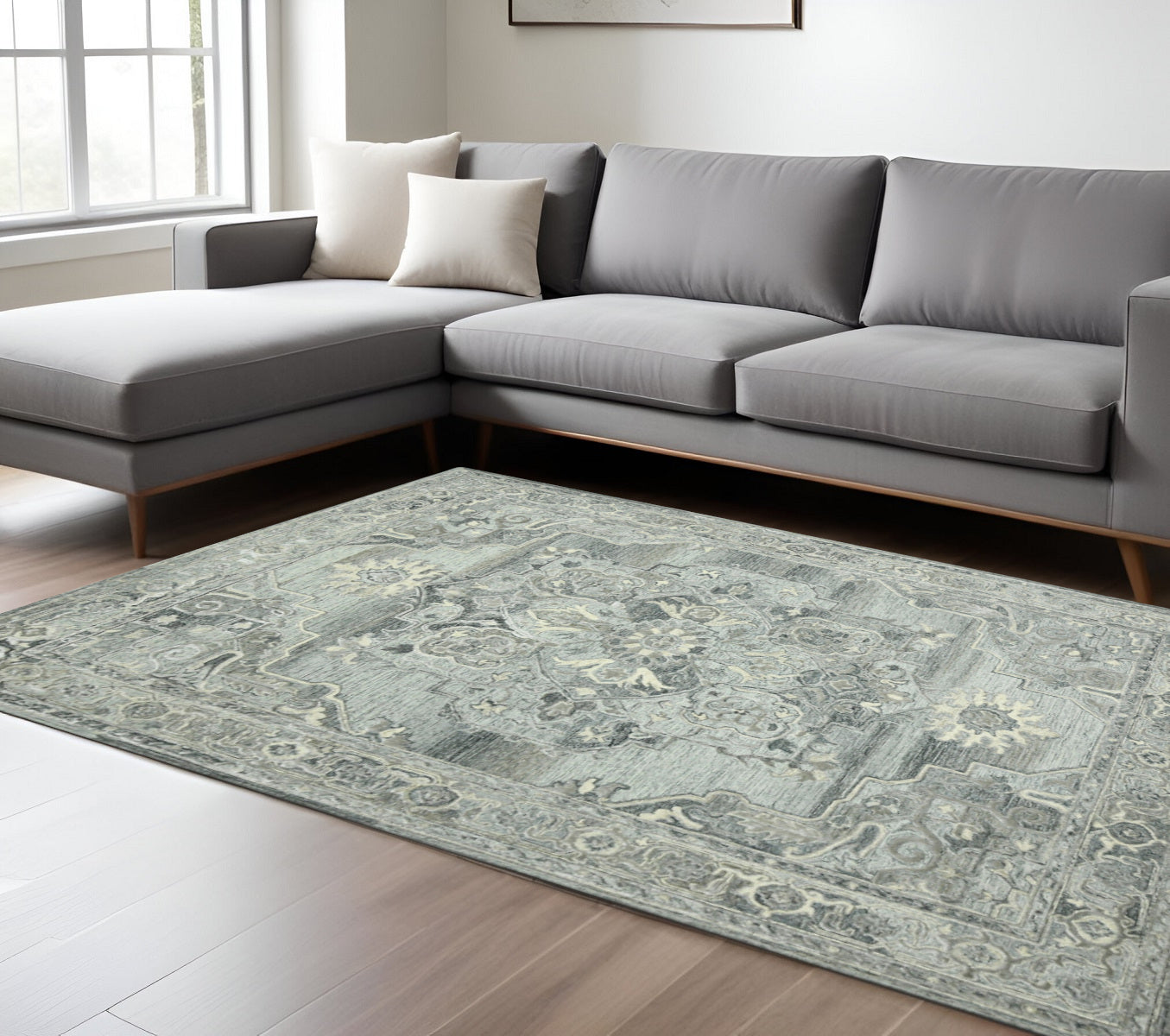 8 X 10 Gray Ivory And Light Blue Wool Oriental Hand Tufted Area Rug