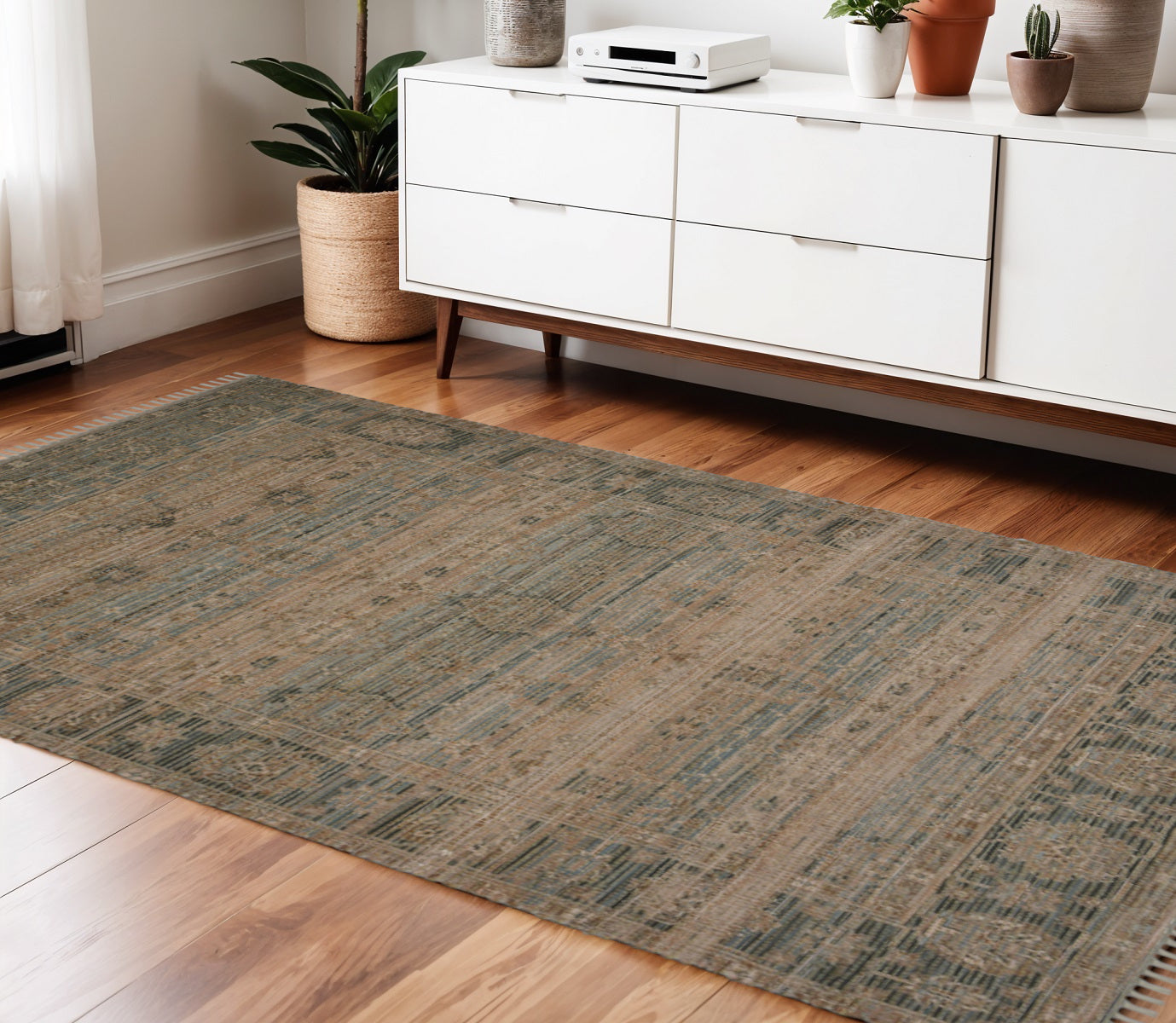4 X 6 Brown Dark Gray And Dark Turquoise Oriental Hand Woven Area Rug With Fringe