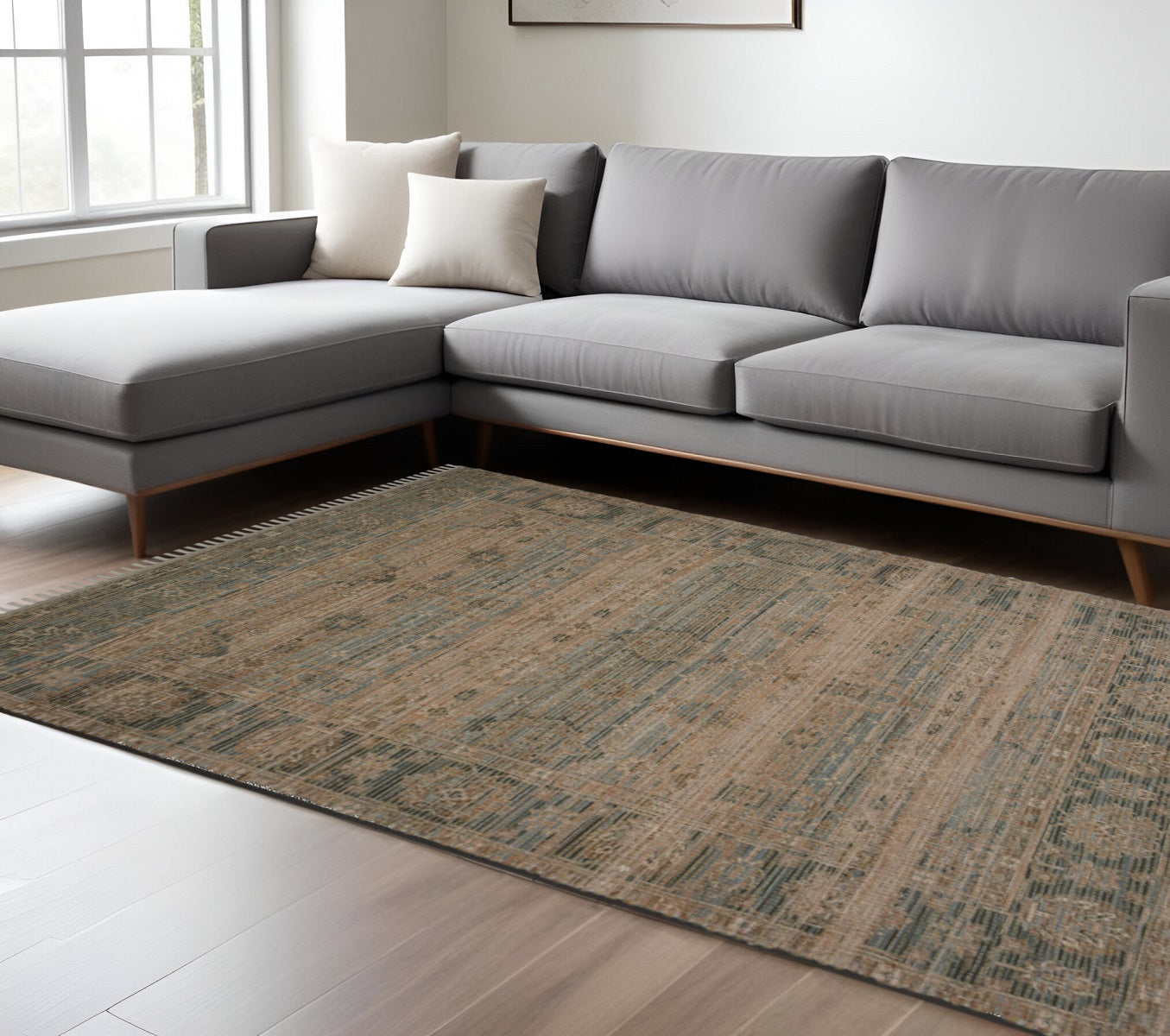 8 X 10 Brown Dark Gray And Dark Turquoise Oriental Hand Woven Area Rug With Fringe