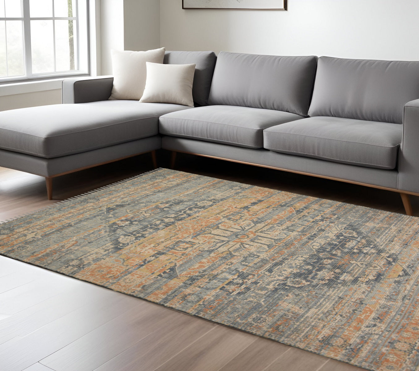 8 X 10 Orange Beige And Gray Oriental Hand Woven Area Rug With Fringe