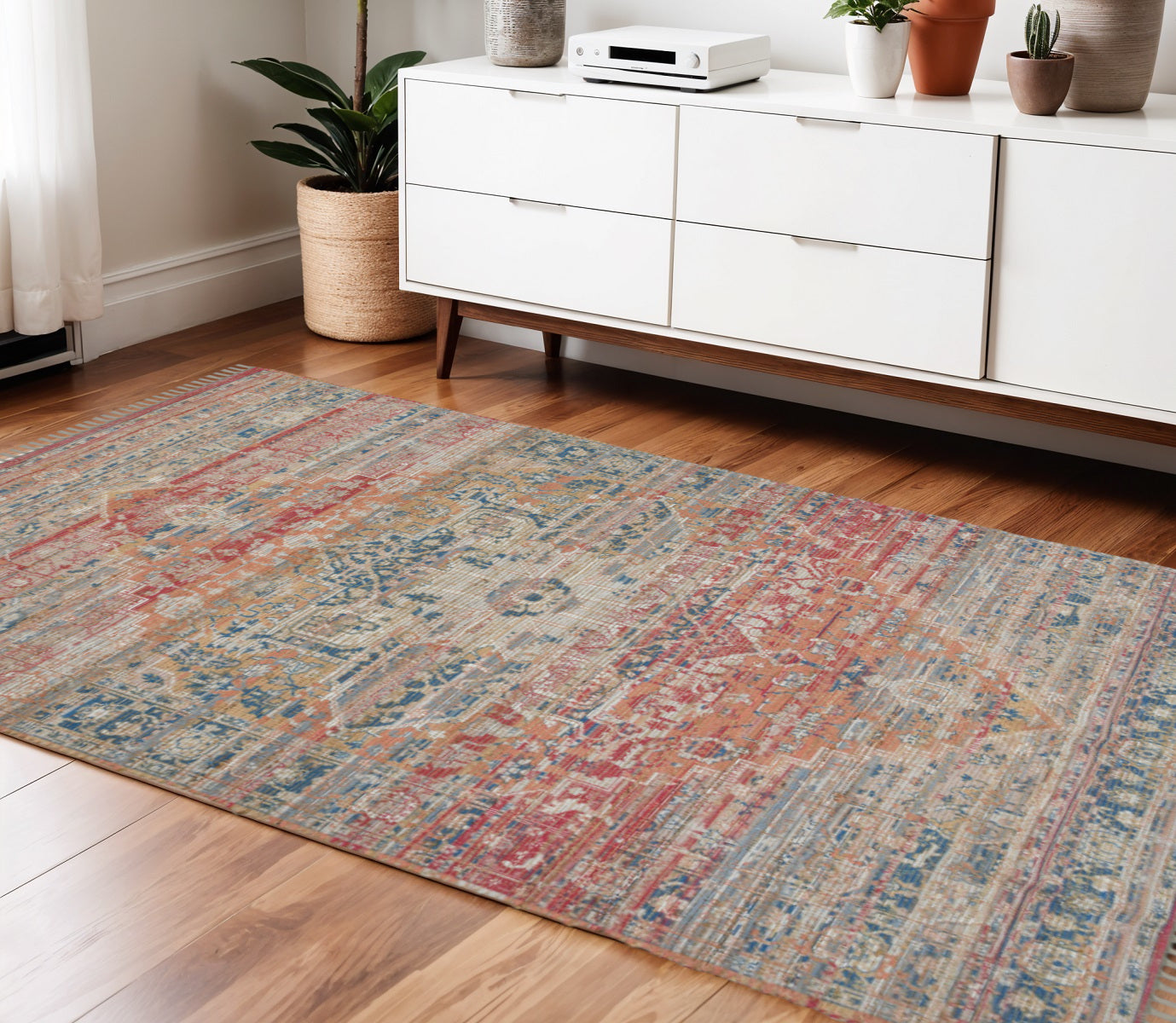 4 X 6 Blue Orange And Pink Oriental Hand Woven Area Rug With Fringe
