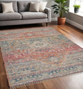 5 X 7 Blue Orange And Pink Oriental Hand Woven Area Rug With Fringe