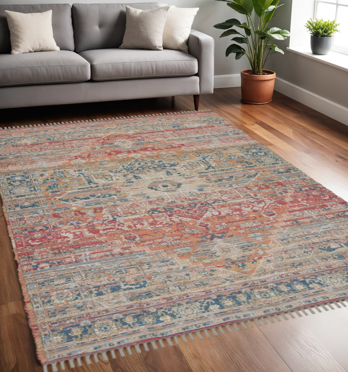 5 X 7 Blue Orange And Pink Oriental Hand Woven Area Rug With Fringe