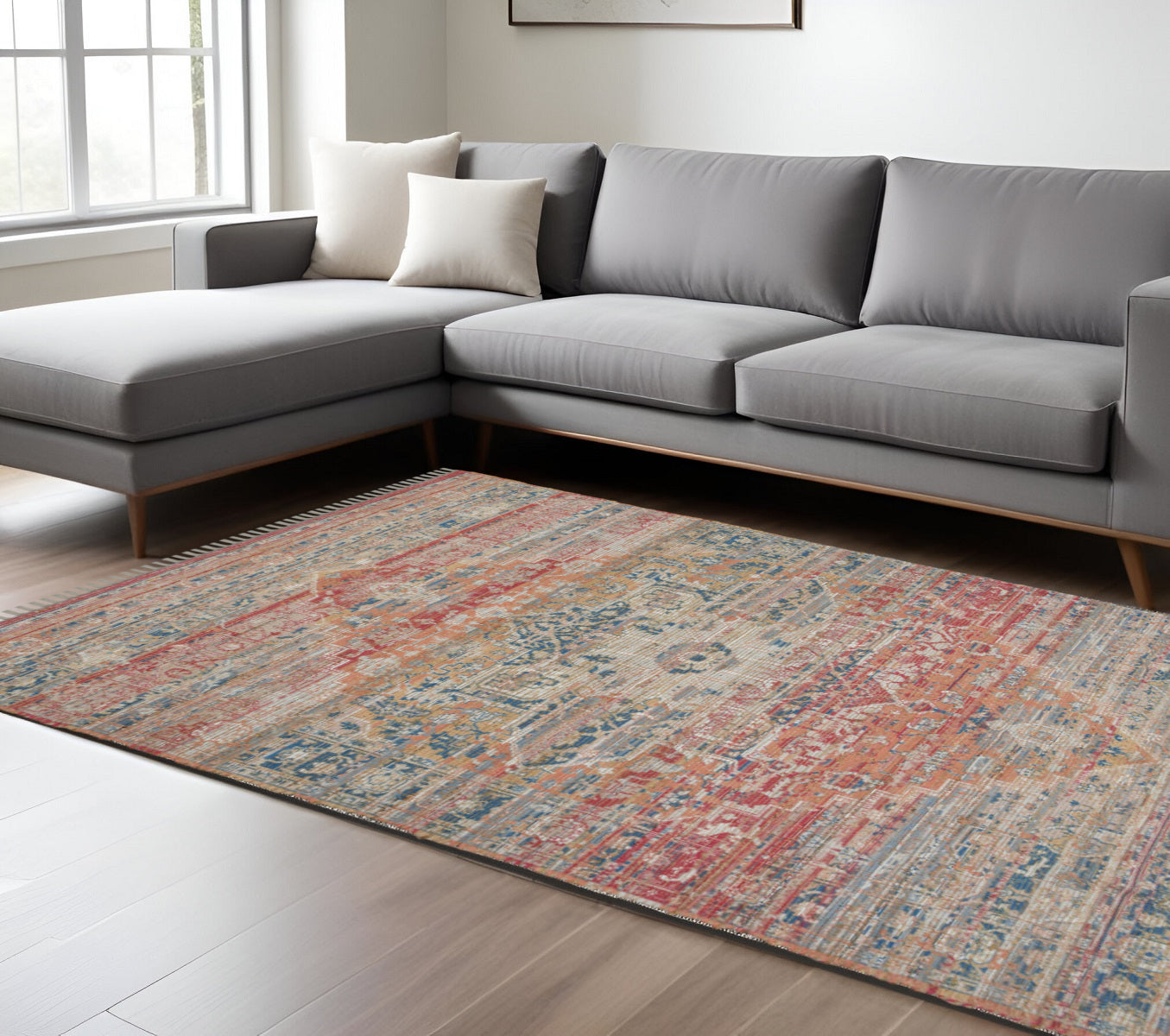 8 X 10 Blue Orange And Pink Oriental Hand Woven Area Rug With Fringe