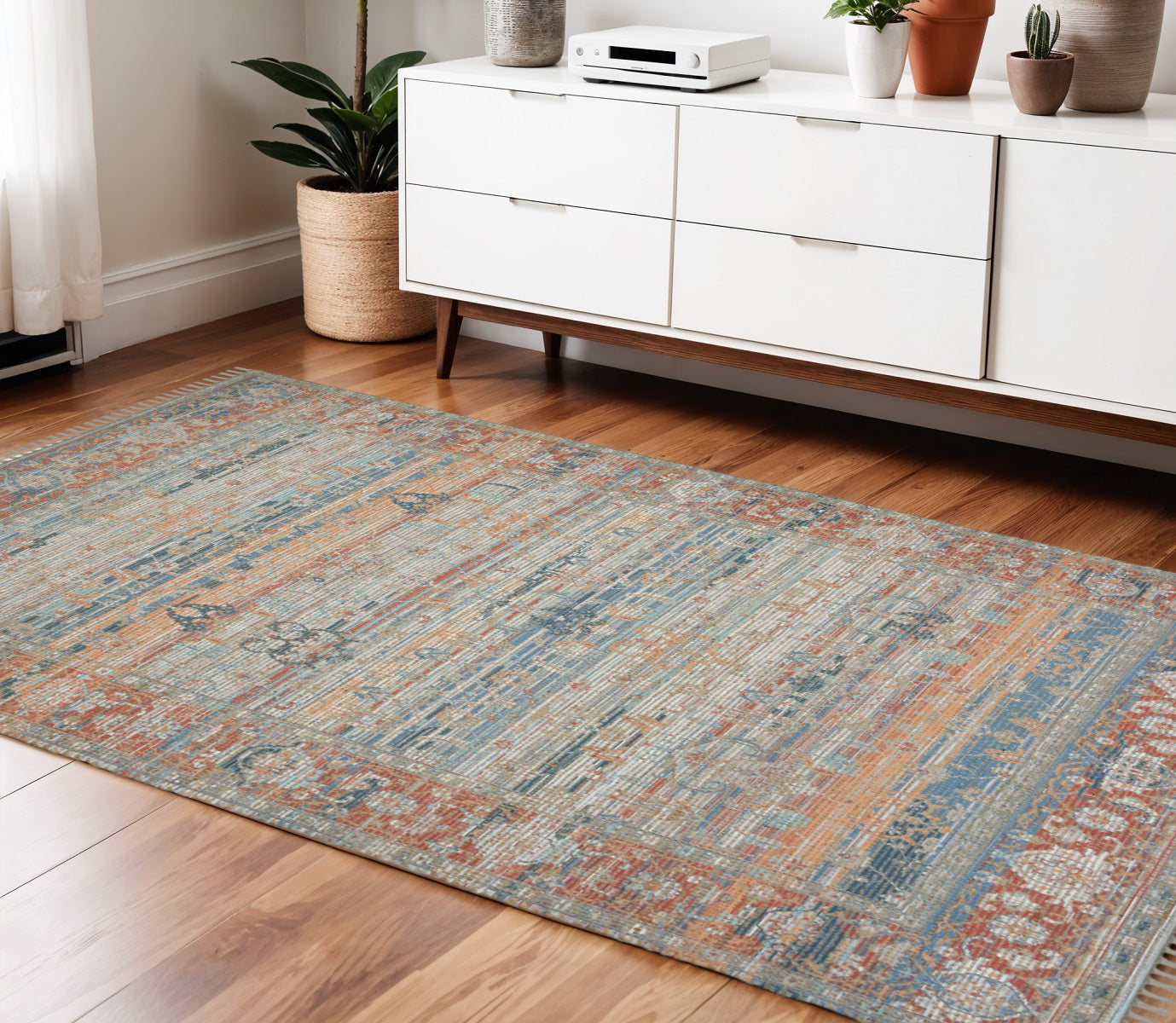 4 X 6 Blue Brick Red And Ivory Oriental Hand Woven Area Rug With Fringe