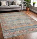 5 X 7 Blue Brick Red And Ivory Oriental Hand Woven Area Rug With Fringe