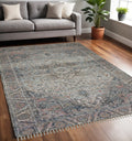 5 X 7 Light Blue Gray And Pink Oriental Hand Woven Area Rug With Fringe