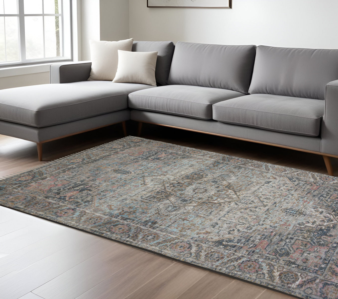 8 X 10 Light Blue Gray And Pink Oriental Hand Woven Area Rug With Fringe
