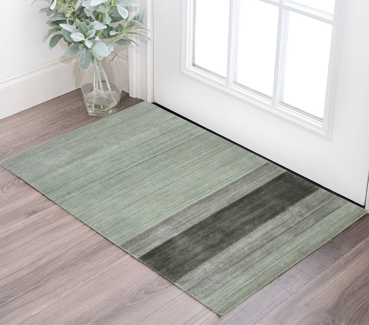 2 X 3 Gray And Light Green Wool Striped Hand Woven Area Rug