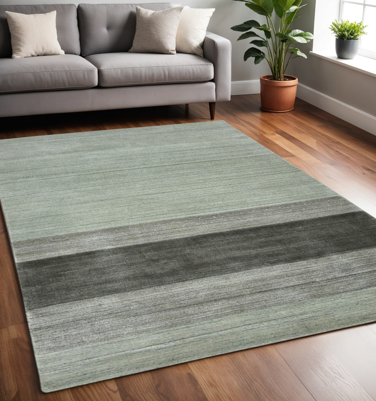 5 X 8 Gray And Light Green Wool Striped Hand Woven Area Rug