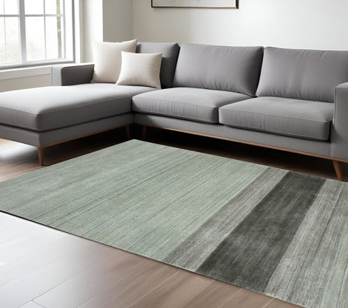 10 X 14 Gray And Light Green Wool Striped Hand Woven Area Rug