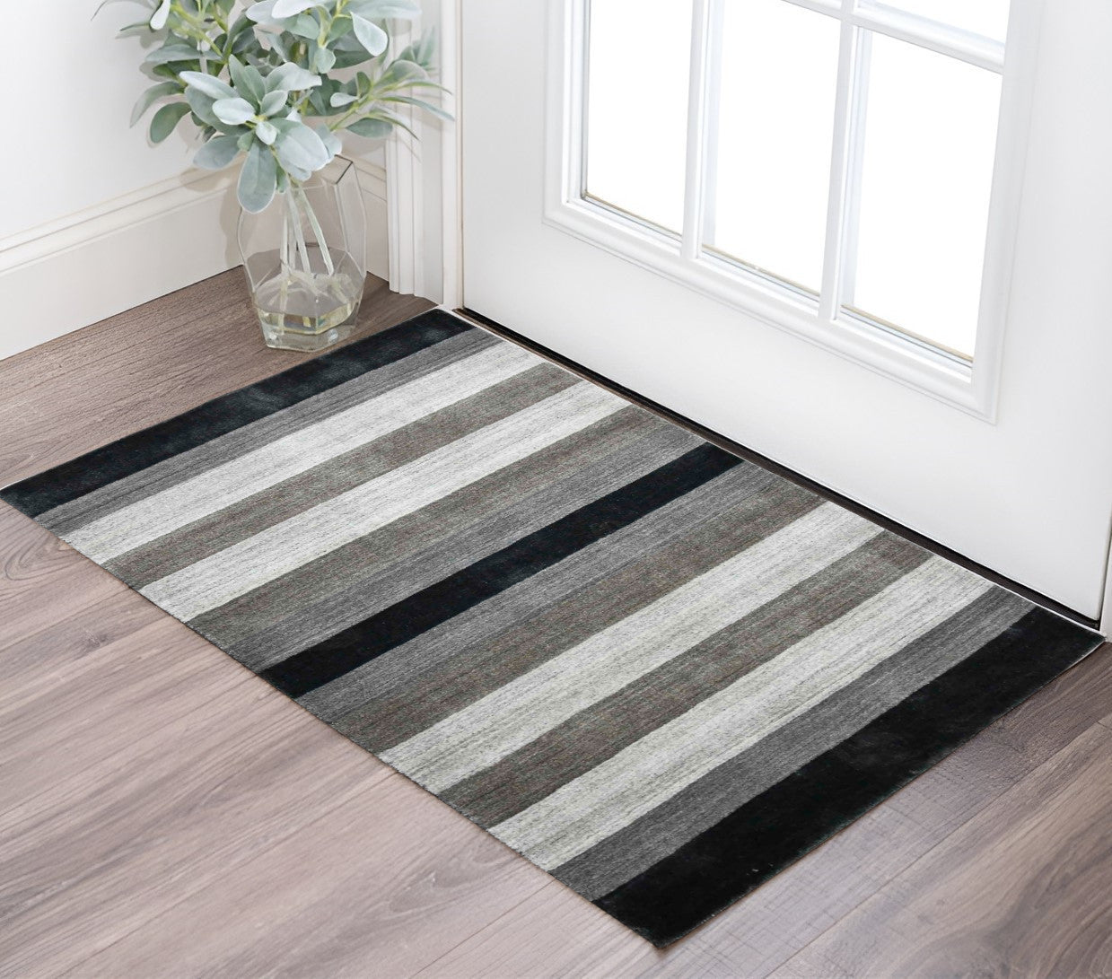 2 X 3 Black And Gray Wool Striped Hand Woven Area Rug