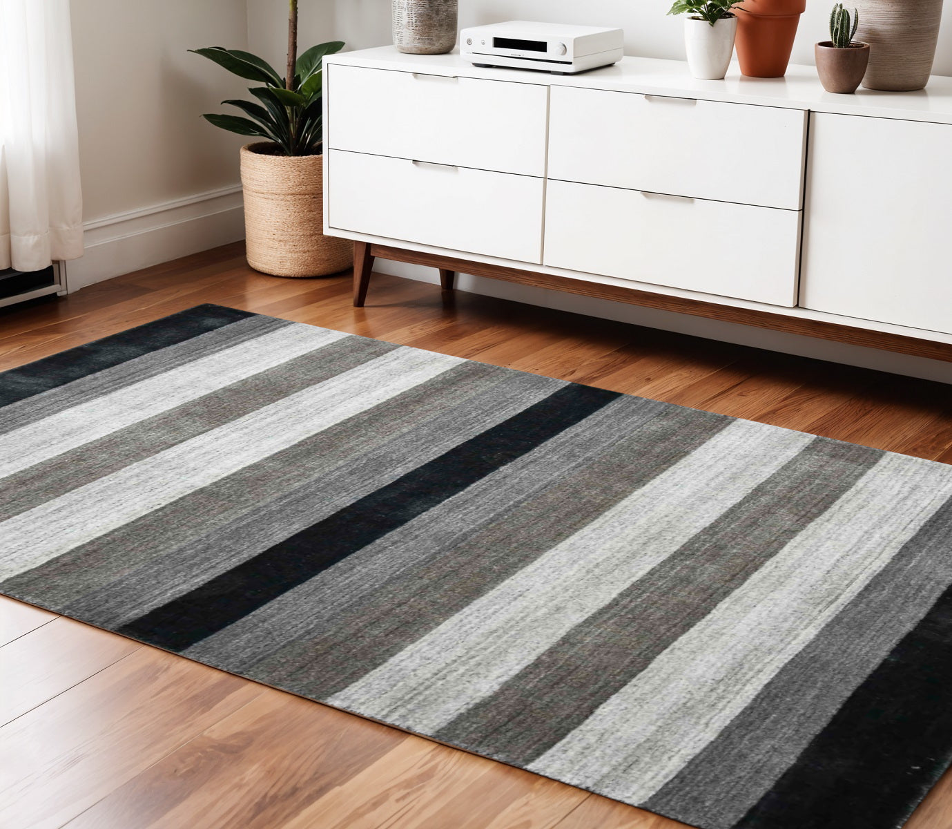 4 X 6 Black And Gray Wool Striped Hand Woven Area Rug
