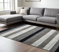8 X 10 Black And Gray Wool Striped Hand Woven Area Rug