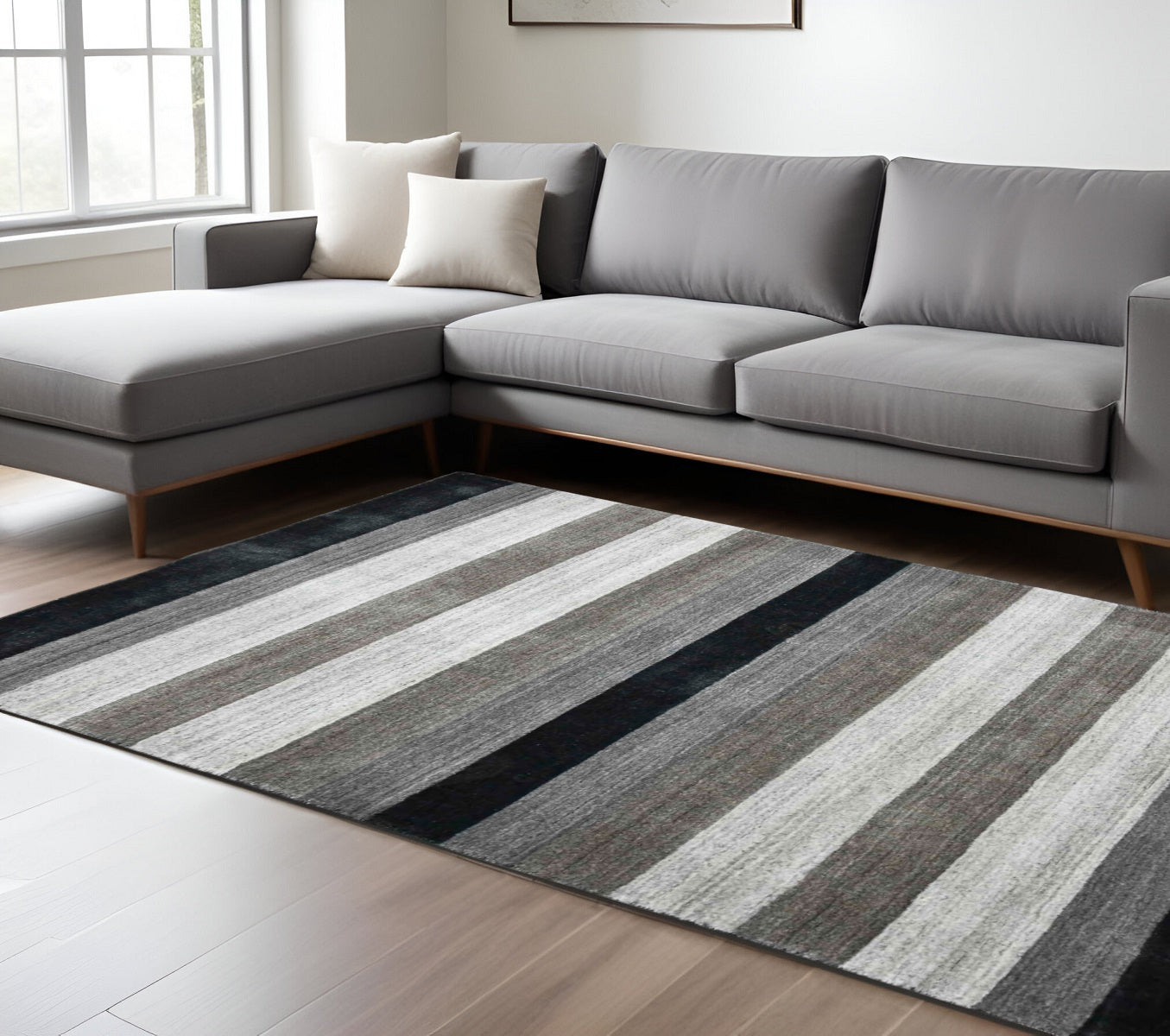 8 X 10 Black And Gray Wool Striped Hand Woven Area Rug