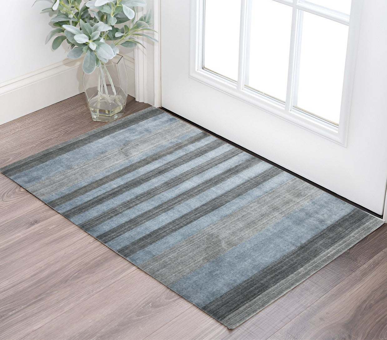 2 X 3 Gray And Light Blue Wool Striped Hand Woven Area Rug