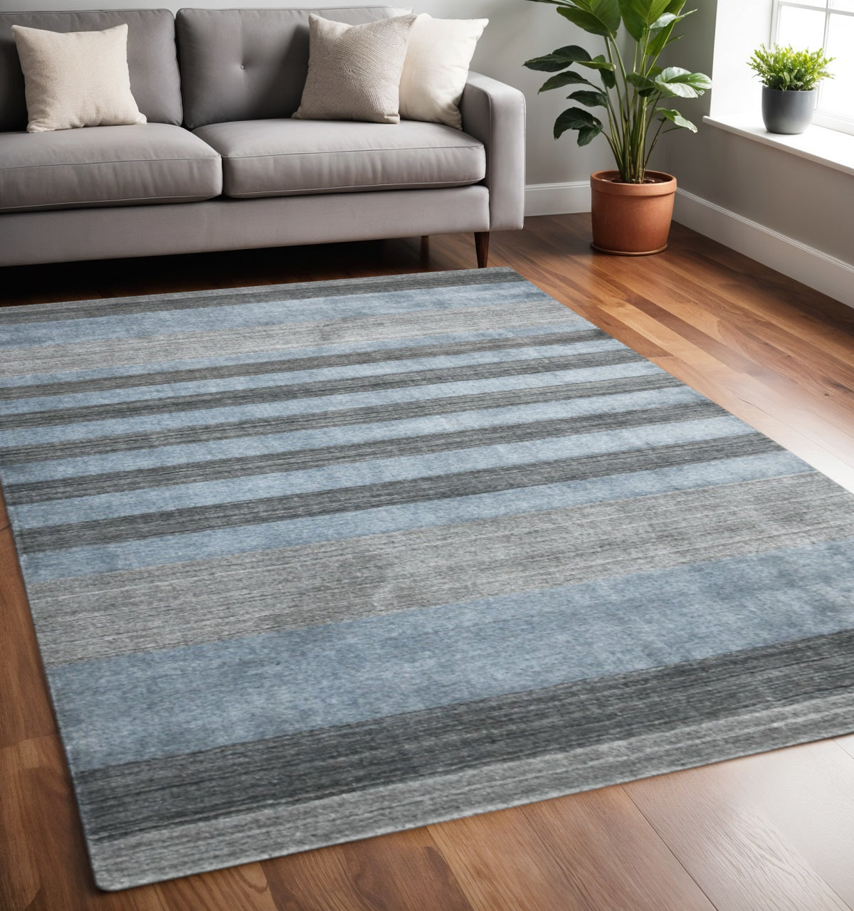 5 X 8 Gray And Light Blue Wool Striped Hand Woven Area Rug