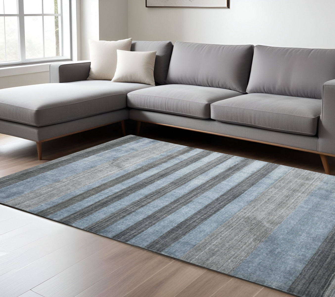 10 X 14 Gray And Light Blue Wool Striped Hand Woven Area Rug