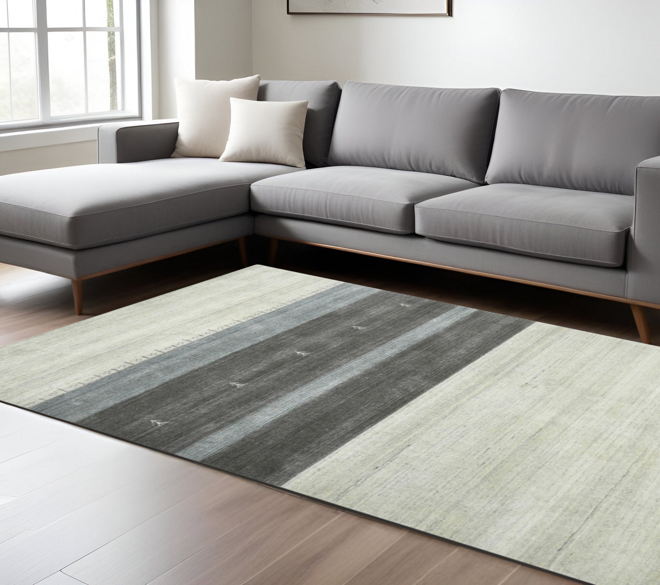 9 X 12 Ivory Gray And Green Wool Striped Hand Woven Area Rug