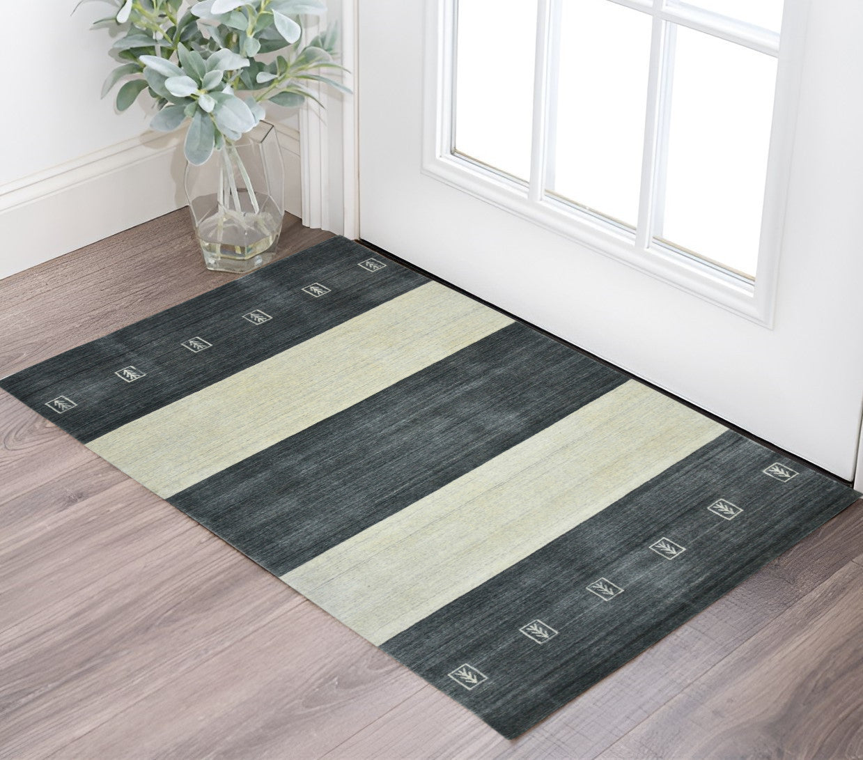 2 X 3 Charcoal And Ivory Wool Striped Hand Woven Area Rug