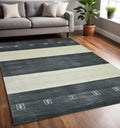 5 X 8 Charcoal And Ivory Wool Striped Hand Woven Area Rug