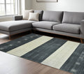 9 X 12 Charcoal And Ivory Wool Striped Hand Woven Area Rug