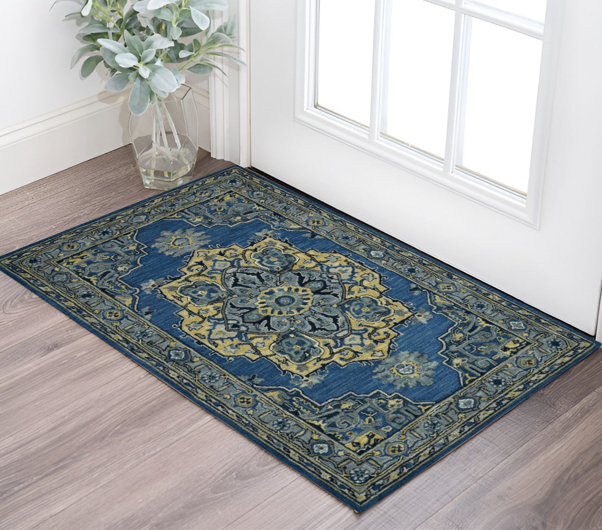 2 X 3 Teal And Gray Wool Medallion Hand Tufted Area Rug