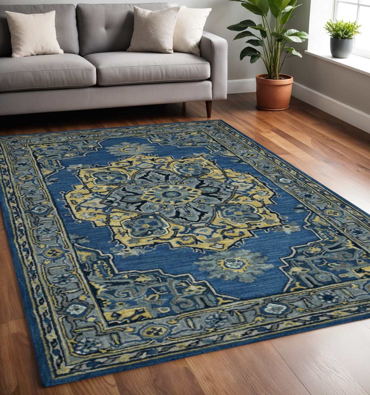 5 X 8 Teal And Gray Wool Medallion Hand Tufted Area Rug