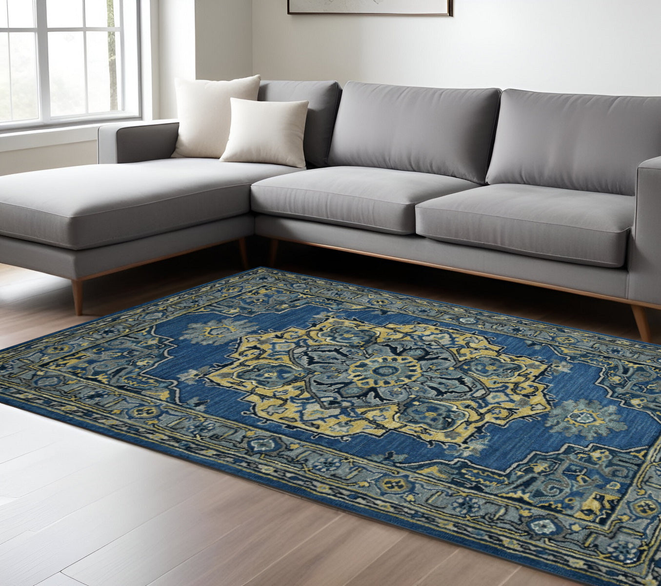 8 X 11 Teal And Gray Wool Medallion Hand Tufted Area Rug