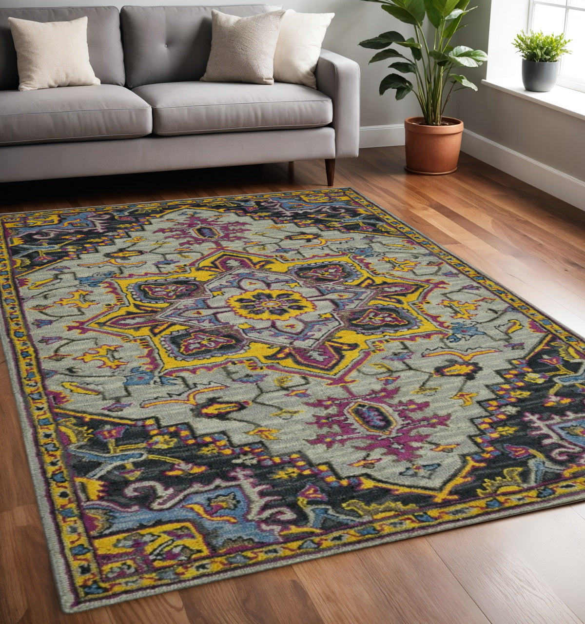 5 X 8 Gray Purple And Gold Wool Medallion Hand Tufted Area Rug