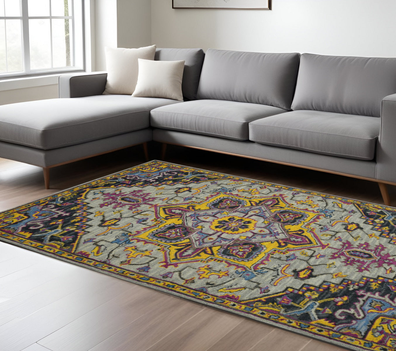 8 X 11 Gray Purple And Gold Wool Medallion Hand Tufted Area Rug