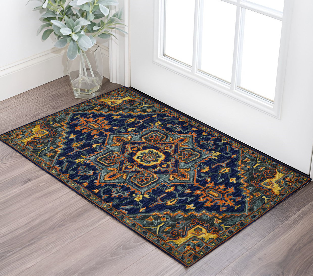 2 X 3 Blue Teal And Brick Red Wool Medallion Hand Tufted Area Rug